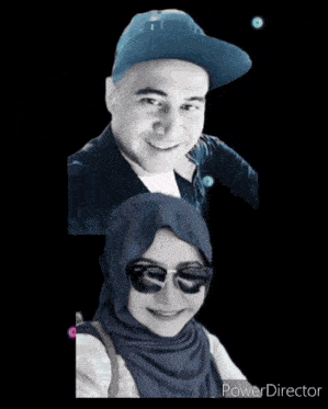 a man wearing a hat and a woman wearing sunglasses are shown on a screen with the words power director at the bottom