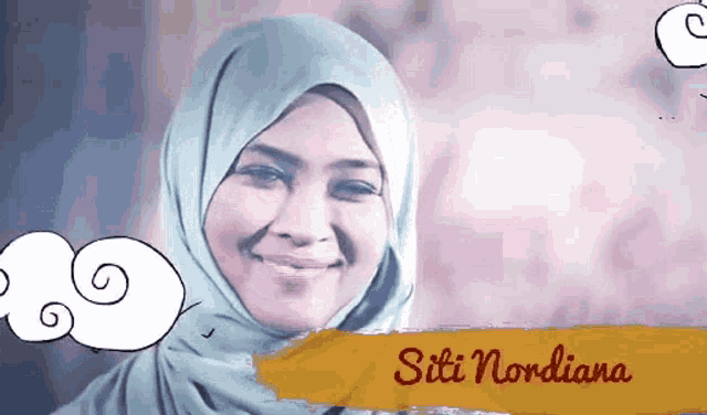 a woman wearing a hijab is smiling with the name sili nordiana written on the bottom