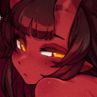 a close up of a demon girl with glowing eyes