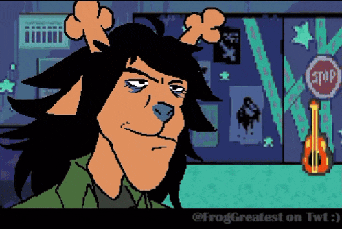 a pixel art drawing of a cartoon character with a stop sign in the background