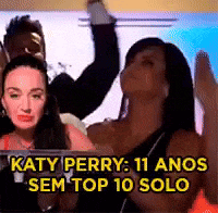 a woman is sitting in front of a screen with the words katy perry 11 anos sem top 10 solo on it .