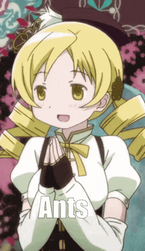 a yellow haired anime girl with the word ants written on her chest