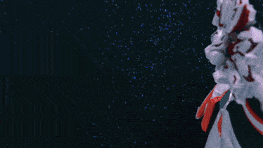 a white and red robot is surrounded by blue flames and smoke