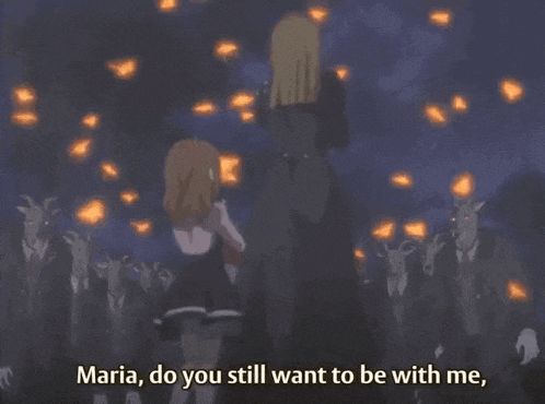 maria , do you still want to be with me , says a girl standing in front of a crowd of goats .