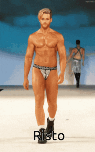 a shirtless man is walking down a runway with the word risto written below him