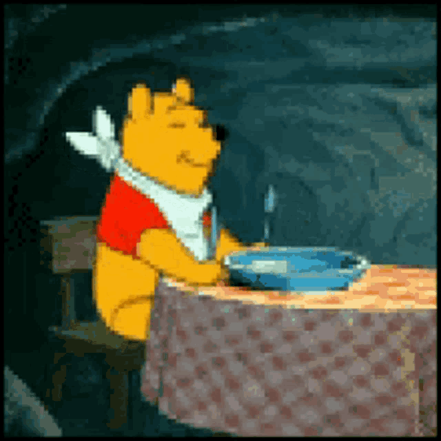 winnie the pooh is sitting at a table with a bowl of food on it