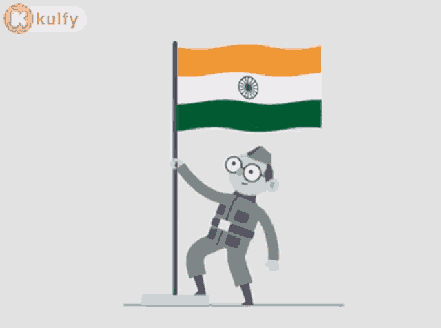 a man in a military uniform is holding a flag in front of a k kulfy logo