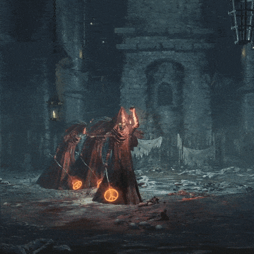 a person in a hooded cloak holding a lantern and a sword