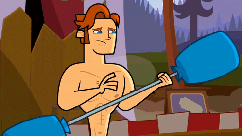 a shirtless cartoon character is holding a blue oar
