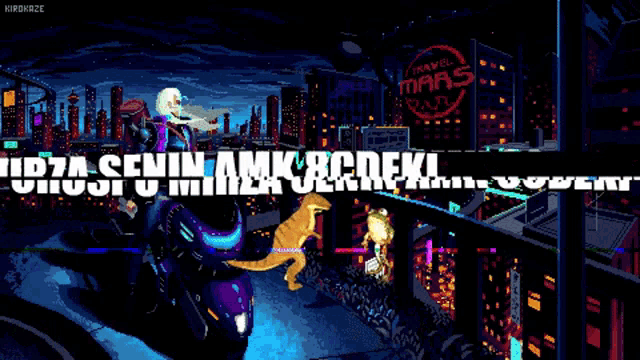 a pixel art of a city with the words orospu mirza senin amk 8cdeki above it