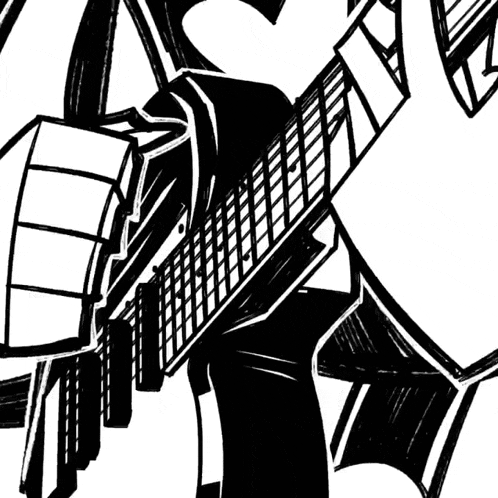 a black and white drawing of a person holding a guitar with a heart in the background