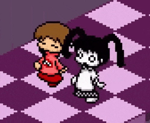 a boy and a girl are standing next to each other on a checkered floor in a video game .