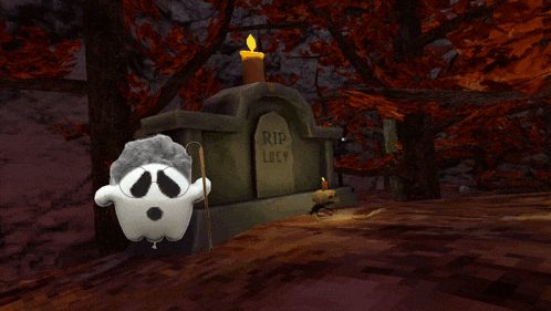 a cartoon ghost stands in front of a gravestone that says rip lucy