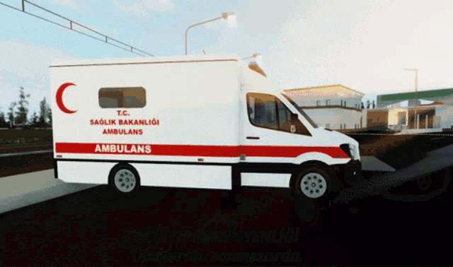 a white and red ambulance with a red c on the side
