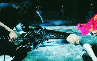 a video game scene with a woman laying on the ground holding a sword