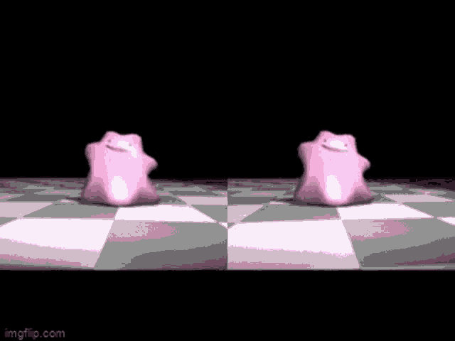 two pink gummy bears are standing next to each other on a checkerboard floor .