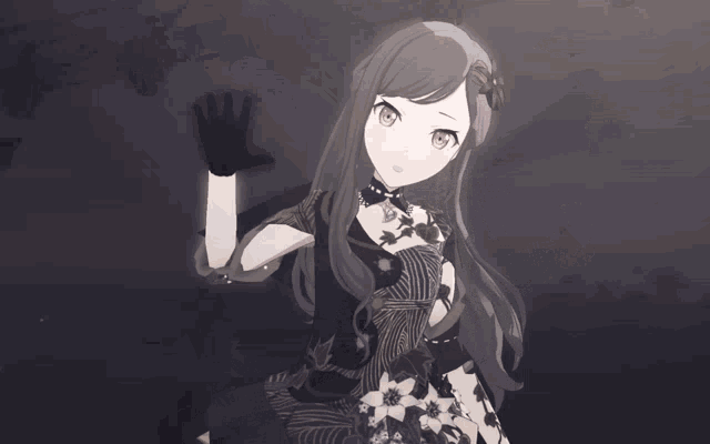 a girl in a black and white dress with a flower in her hair