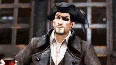 a man wearing a pirate hat and eye patch is holding a glass of wine .