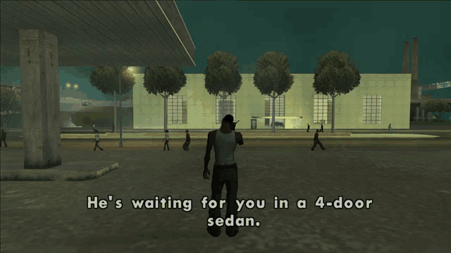 a man in a video game is waiting for someone in a 4 door sedan