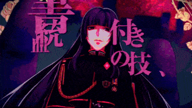 a girl with long black hair is standing in front of a sign that says ' chinese ' on it