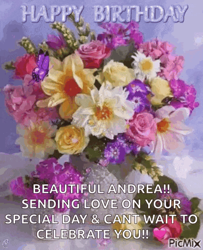 a happy birthday greeting card with a bouquet of flowers