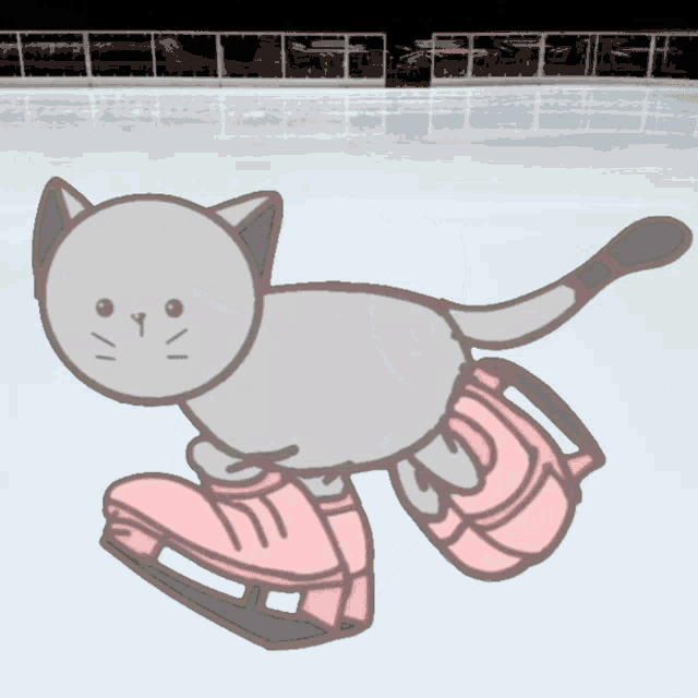 a drawing of a cat wearing pink ice skates on an ice rink