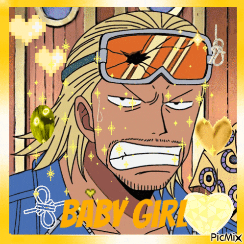 a picture of a man wearing goggles with the words baby girl on the bottom