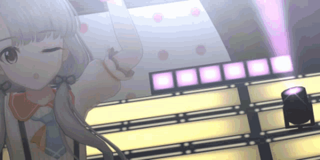 a girl with white hair is standing in front of a stage with lights behind her