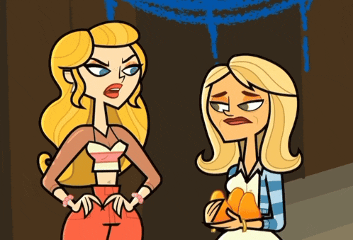 a cartoon of two women standing next to each other with one holding an orange