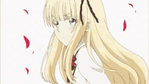 a blonde anime girl with her eyes closed and a black bow in her hair