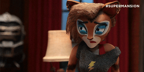 a cartoon character with #supermansion written on the bottom of it