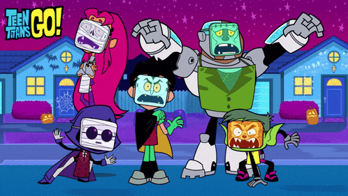 a poster for teen titans go shows a group of characters