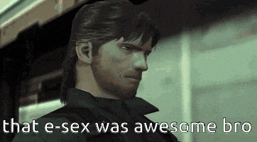 a man with a beard and a black shirt says that e-sex was awesome bro