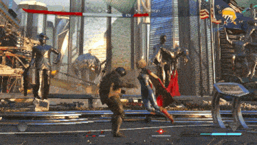 a woman in a cape is fighting a man in a video game with a score of 125 points