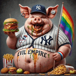 a pig wearing a new york yankees jersey is holding a hamburger and a rainbow flag