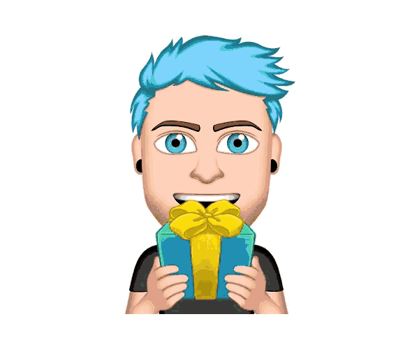 a man with blue hair is holding a gift with a yellow bow