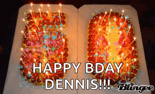 a birthday cake that says happy bday dennis with candles on it