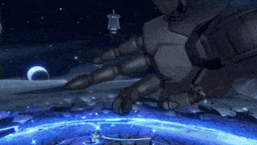 a cartoon drawing of a robot 's hand reaching out towards a planet
