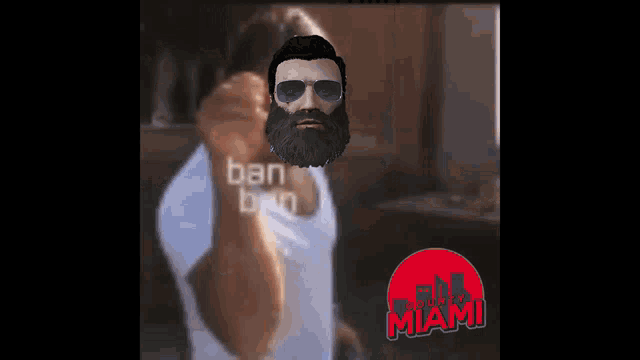 a man with a beard wearing sunglasses and a white shirt with the word ban on it