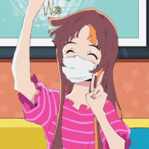 a girl wearing a pink shirt and a white mask giving the peace sign