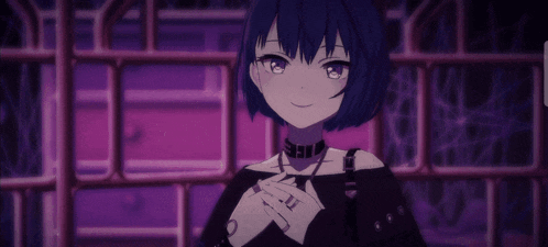 a girl with a choker around her neck is smiling and looking at the camera