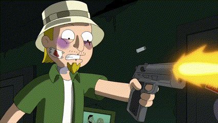 a cartoon character is pointing a gun at something