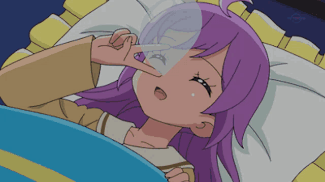 a cartoon girl with purple hair is laying in bed with a thermometer in her hand