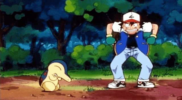 a cartoon character with the letter a on his hat is standing next to a small pokemon