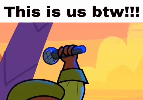 a cartoon of a man singing into a microphone with the words this is us btw