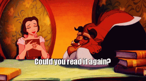 a cartoon of belle reading a book to the beast with the words could you read it again