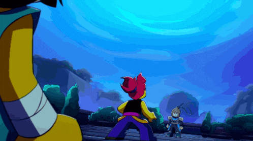 two cartoon characters standing in front of a blue background