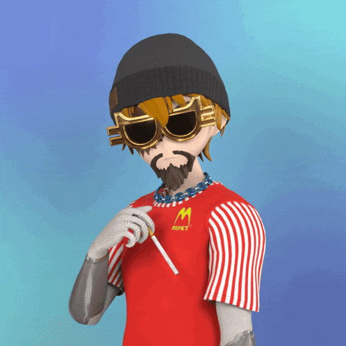 a man with a beard wears a red shirt with the letter m on the front
