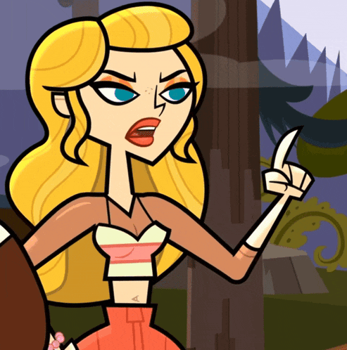 a cartoon character with blonde hair and blue eyes is pointing her finger