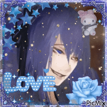 a picture of a girl with purple hair and the word love on the bottom